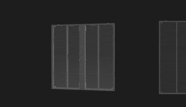 Transparent lamellpanel i genomskärning, uppbyggd av smala lameller i en ram