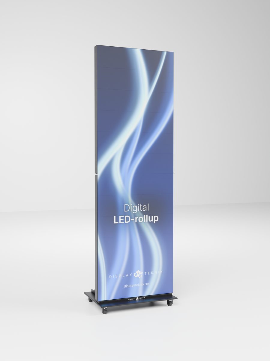 Digital LED-rollup på hjul med bildyta 640 x 1920 mm, visad i 3D