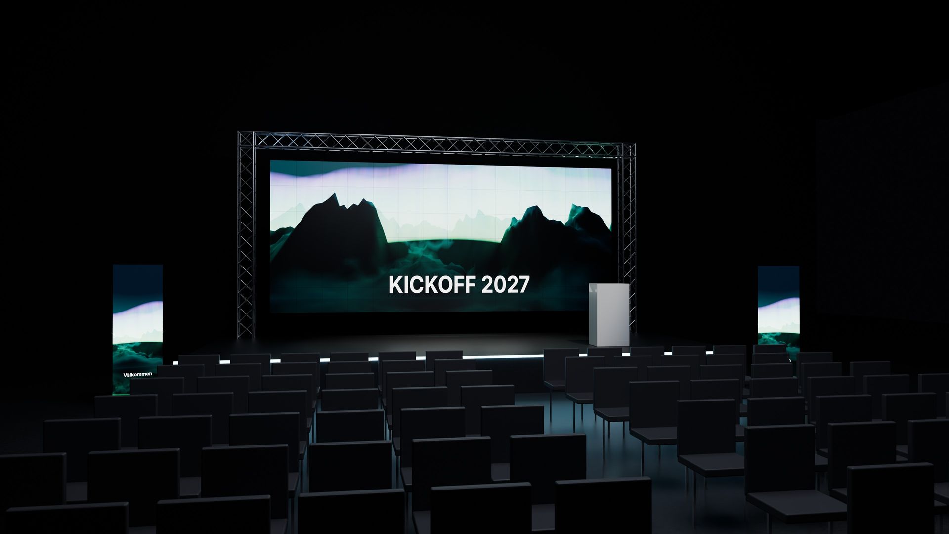Eventscen med LED-vägg som scenfond i en truss och två digitala rollups vid scenkanten, texten Kickoff 2027
